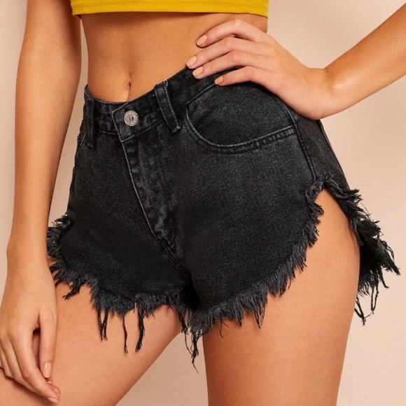 . Pants - Curved Hem Black Denim Shorts